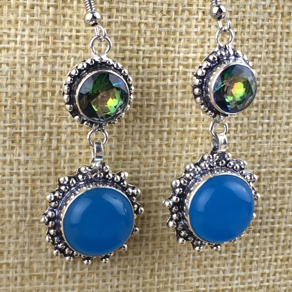 New Mystic Topaz Stone Silver Overlay Hook Dangle Earrings - Picture 6 of 8